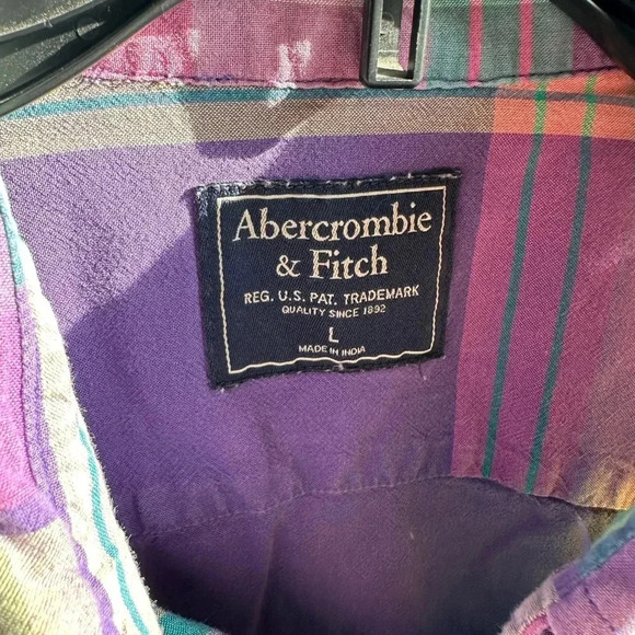 Abercrombie & Fitch Purple/Yellow/Green Plaid Long Sleeve Button Up Shirt Size L - Picture 2 of 3